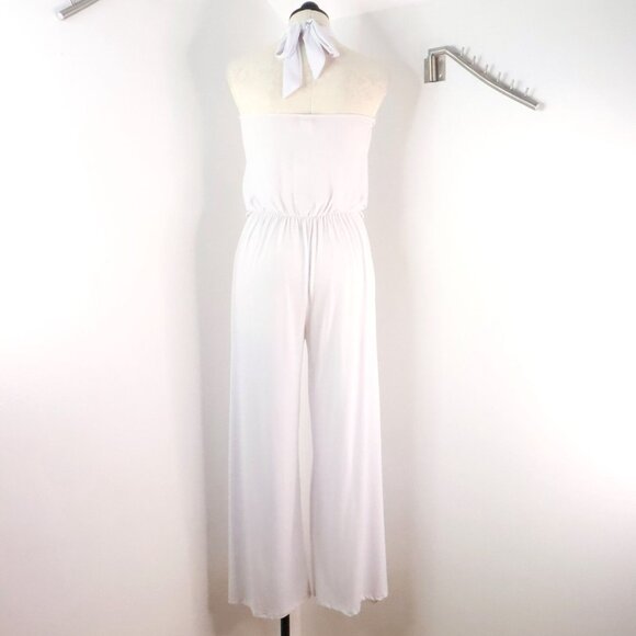 New Body Central Women's L Y2K White Stretch Wide Leg Halter Tie Neck Jumpsuit - Picture 6 of 12